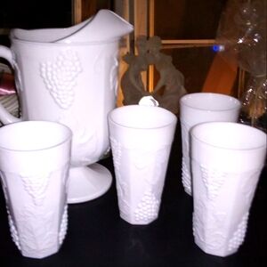 Vintage Harvest Milk Glass Pitcher & Tall Water Glasses